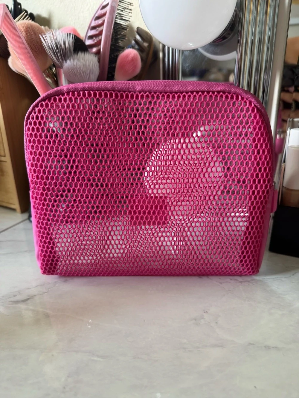 Lazy Turtle Pink Mesh Cosmetic Makeup Travel Organizer Bag Zip Pouch